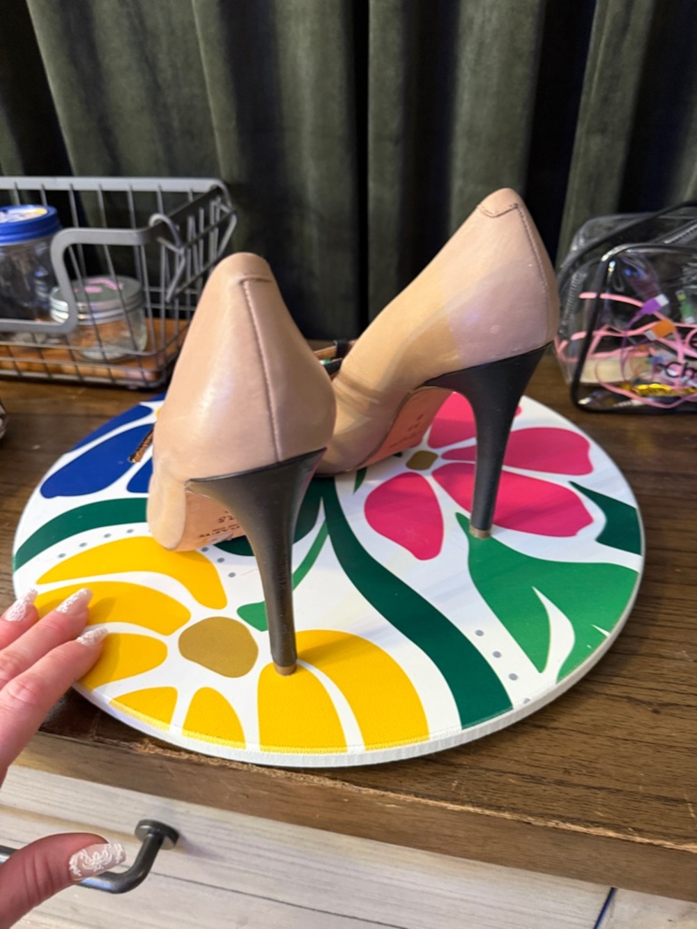 Coach Nude Leather Pointed T‑Strap Pumps with Black Trim - Picture 2 of 3